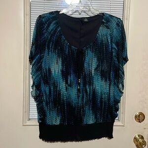 Teal blue / black top with tie around neckline